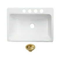 Kingston Brass KGCKUS332297 Towne 33-Inch Cast Iron Single Bowl Undermount Kitchen Sink (4-Hole) with Strainer in White/Brushed Brass