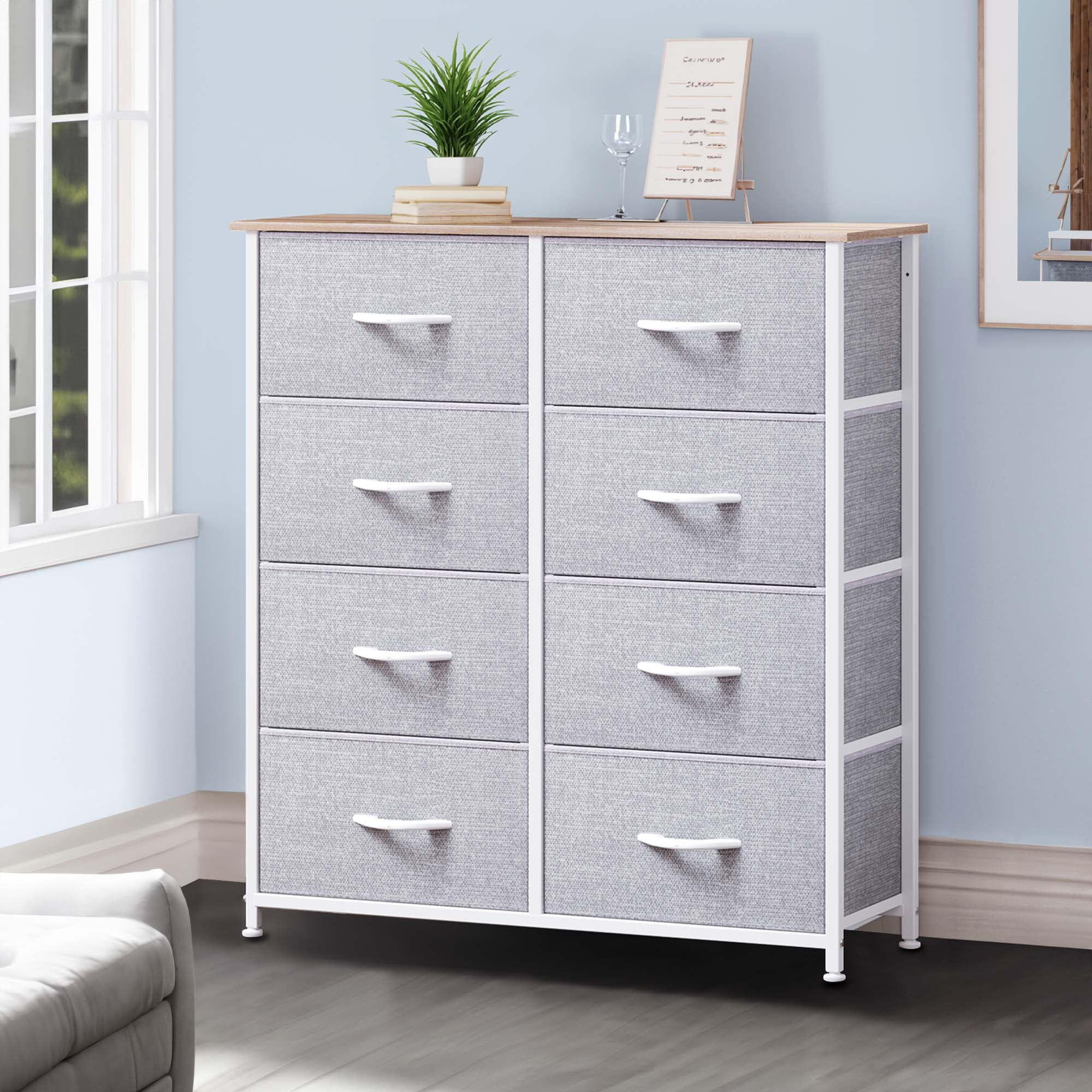 DEXTRUS 8-Drawer Fabric Dresser with Wood Top & Metal Frame for Adults & Teens, Light Gray