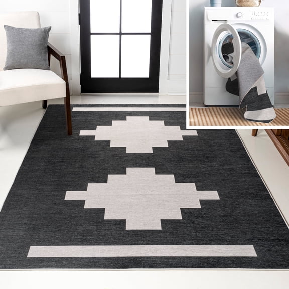 JONATHAN Y WASHABLE 3 x 5 Area Rug, Adriel Geometric Medallion - Black/Cream, WSH111A-3