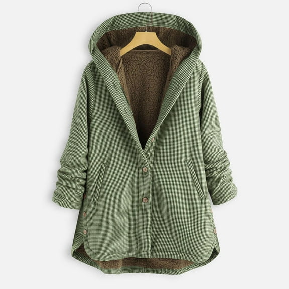 Uootdi Fleece Lined Jackets for Women Plaid Hooded Button Down Sherpa Lined Outerwear Casual Cozy Coats with Pockets Gift