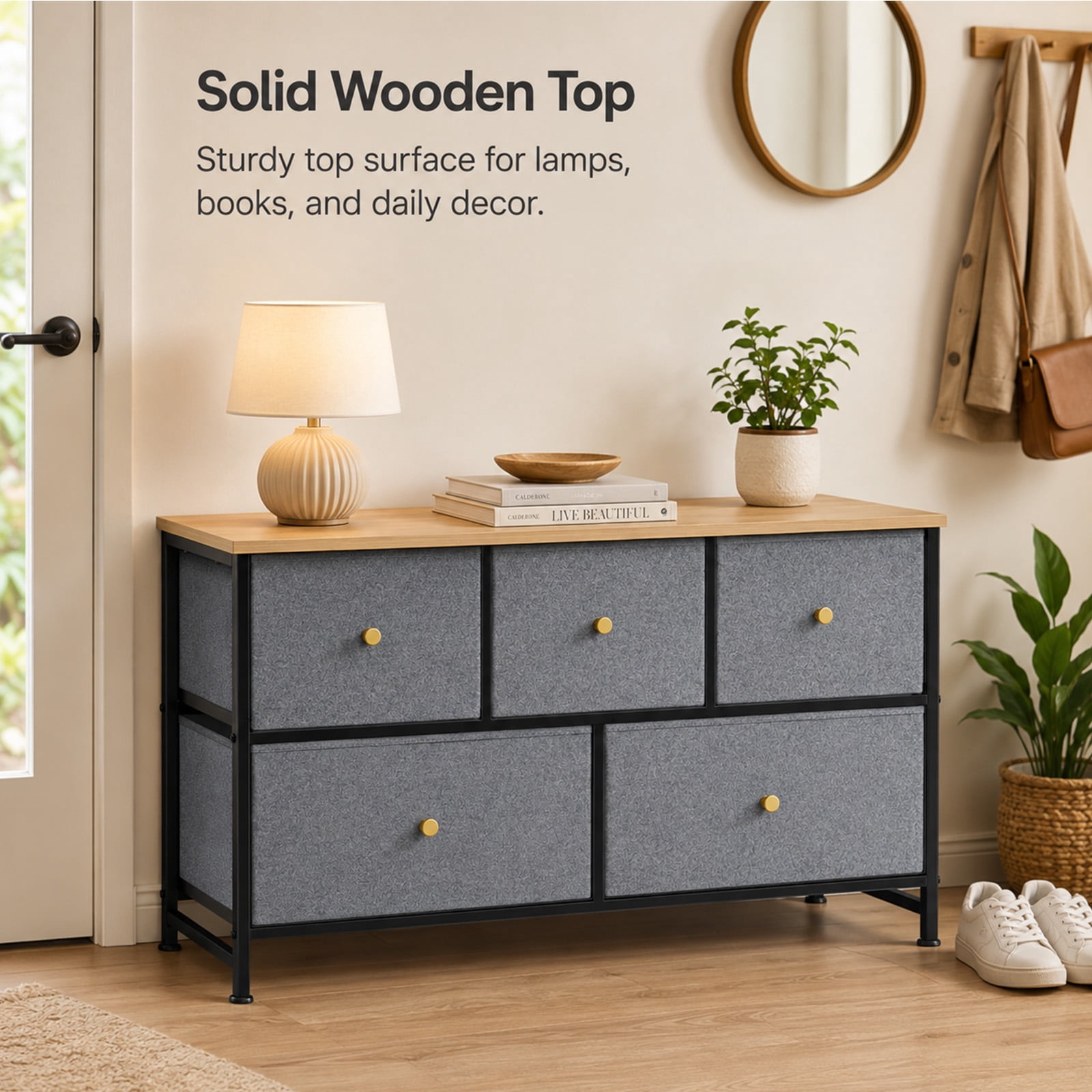 Alvantor 5/7 Drawer Fabric Dresser, Storage Tower for Bedroom and Closet, Chest of Drawers with Sturdy Steel Frame & Wooden Top for Living Room, Entryway