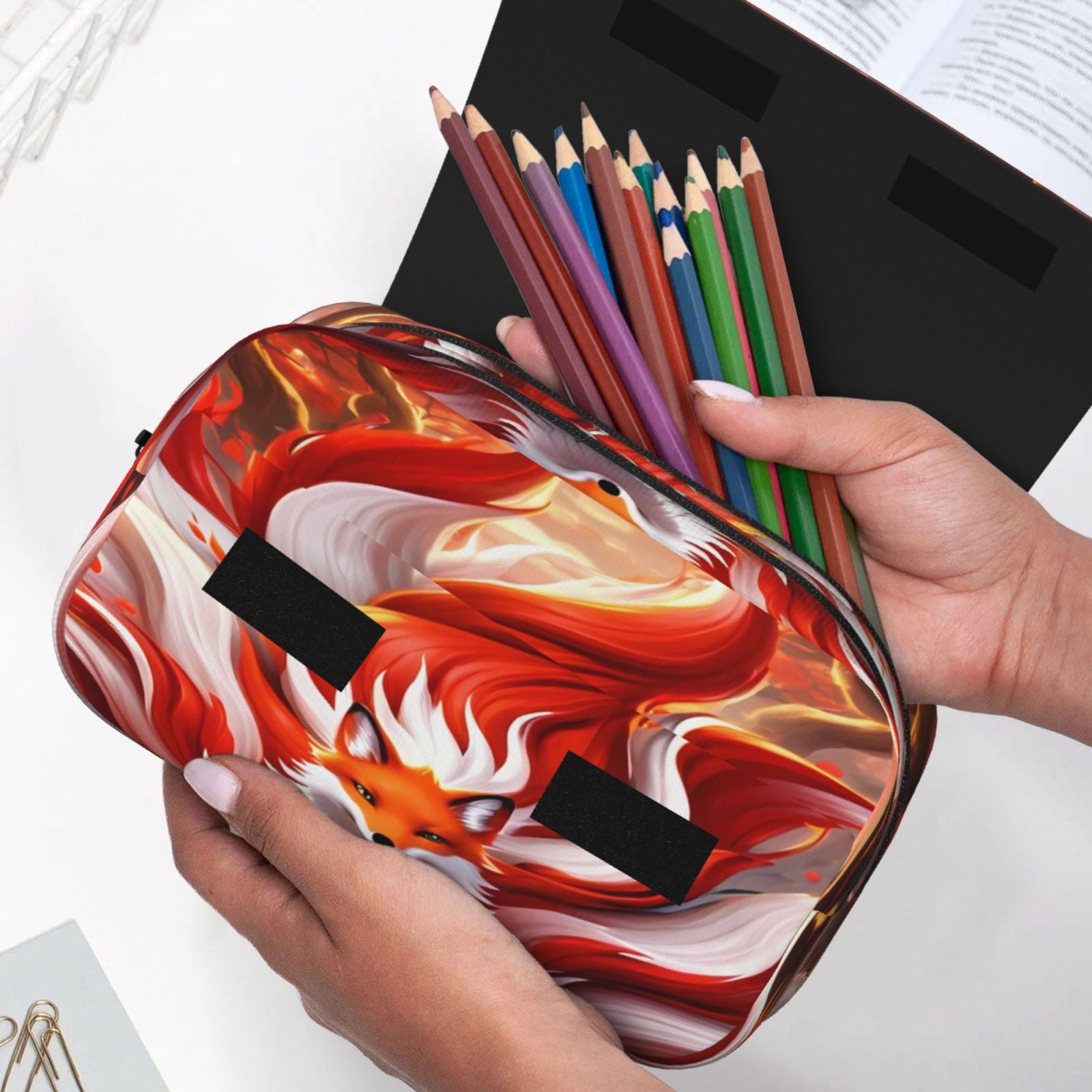 Rateoe Red Sun Flame Fox Pattern Double Clamshell Pen Case, Storage Organizer with Two Zipper Compartments– Holds Up to 50 Pencils & Pens