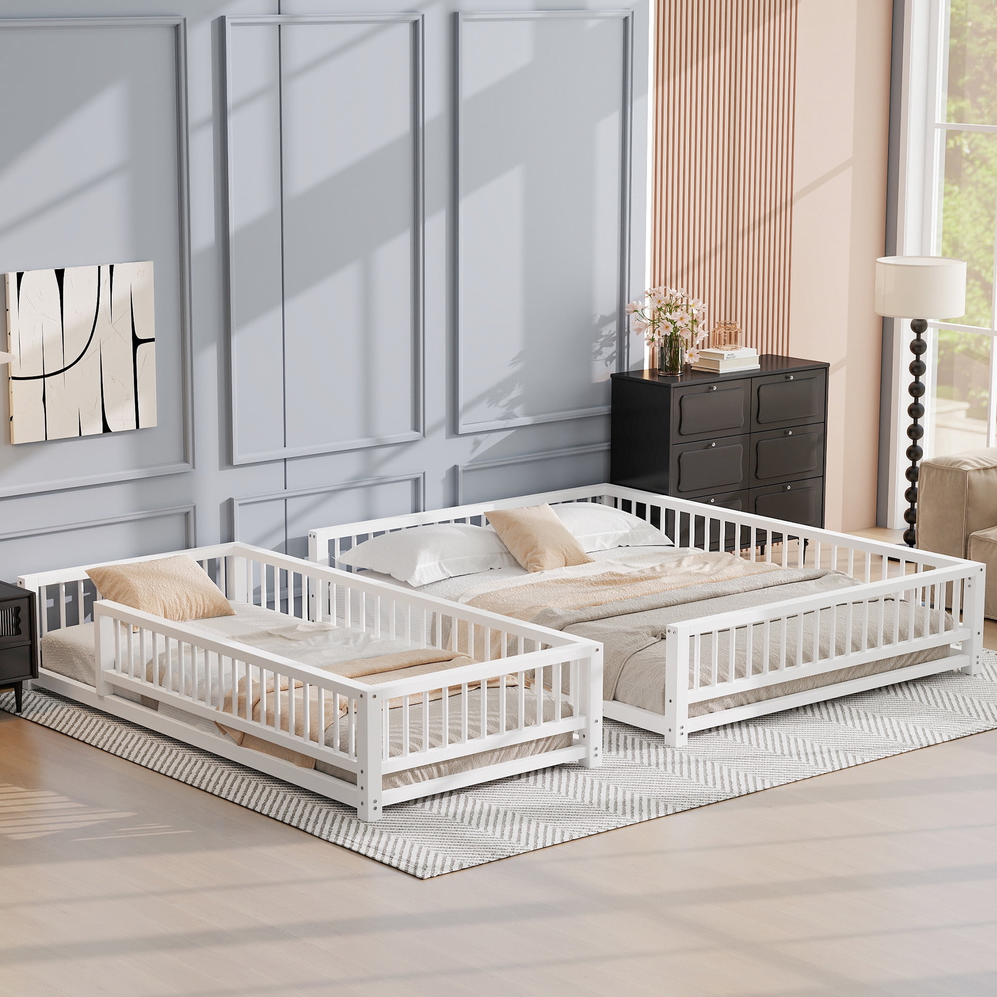 Leumius Twin XL over Queen Bunk Bed,Heavy Duty Metal Bunk Beds for Adults and Kids,Floor Bed Frame with Ladder and Safety Guardrails, Easy Assemble,White