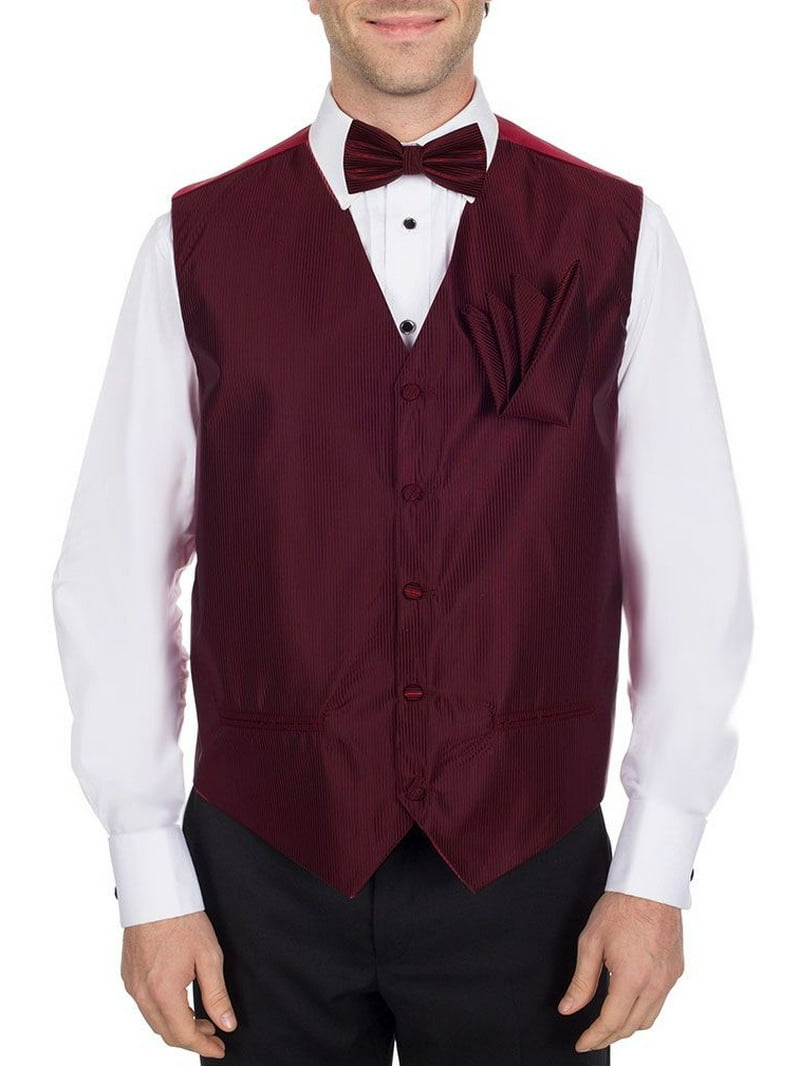 Men's Solid Fomal Vest, Bow Tie, Hanky Burgundy for Tuxedo and