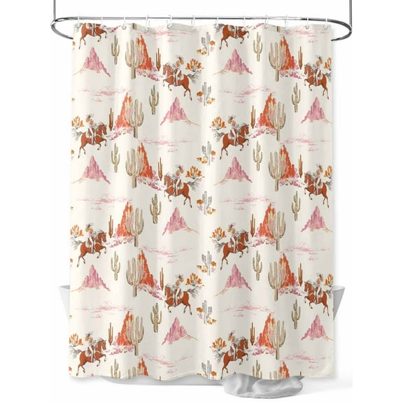 Fsddascl Pink Western Cowboy Shower Curtain Set - 48" x 72" Washable Bathtub Curtain with 12 Hooks, Retro Ethnic Horse Cactus Plants Waterproof Fabric Stall Shower Curtains for Bathroom/Bathtub