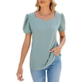 thumbnail image 4 of Camiseta de manga corta de color sólido con cuello cuadrado y burbujas, top suelto, lindos tops de verano, 4 of 5