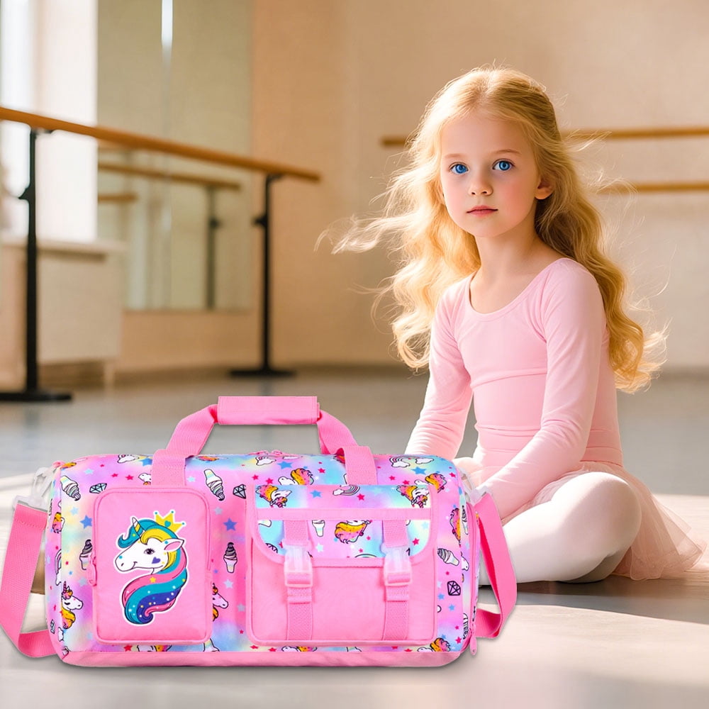 Kids Travel Duffle Bag for Girls with Shoe Compartment, A Sports Gym Weekender Overnight Sleepover Bag for Toddler Little Kid - Pink Unicorn