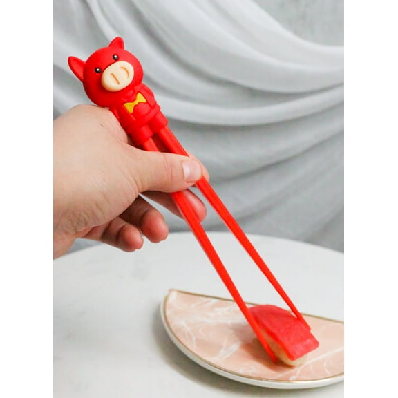 Red Porky Pig Reusable Training Chopsticks Set With Silicone Helper BPA Free