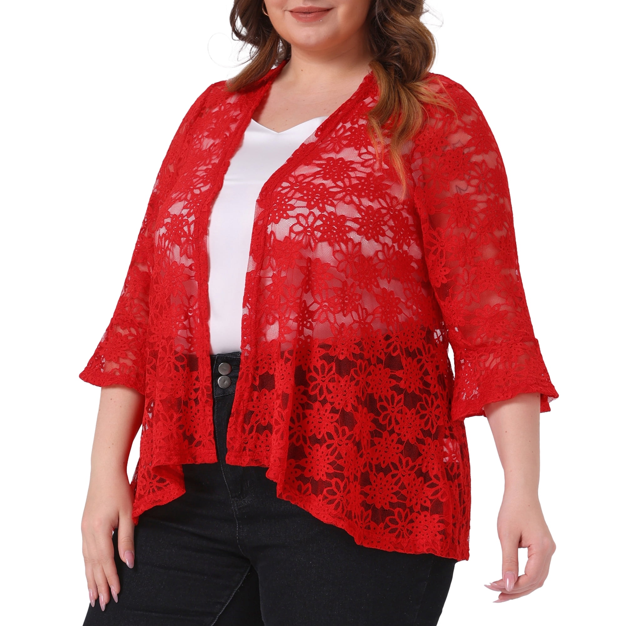 DARING DIVA Women's Plus Size Open Front 3/4 Sleeve Sheer Lace Cardigan 3X Red