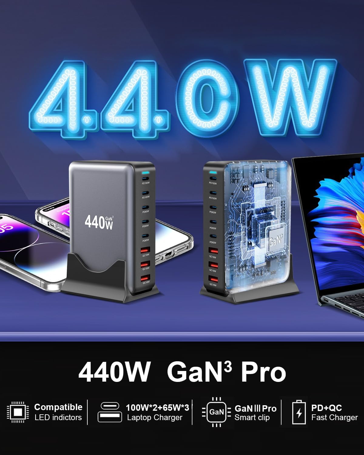 440W Fast USB C Charger GAN Charger Block 8 Port Charging Station HUB Brick Dual PD PPS 100W Laptop Charger Compatible with DELL HP MacBook Pro/Air/All iPad iPhone 16/15/14/13/Pro Max/Galaxy Note