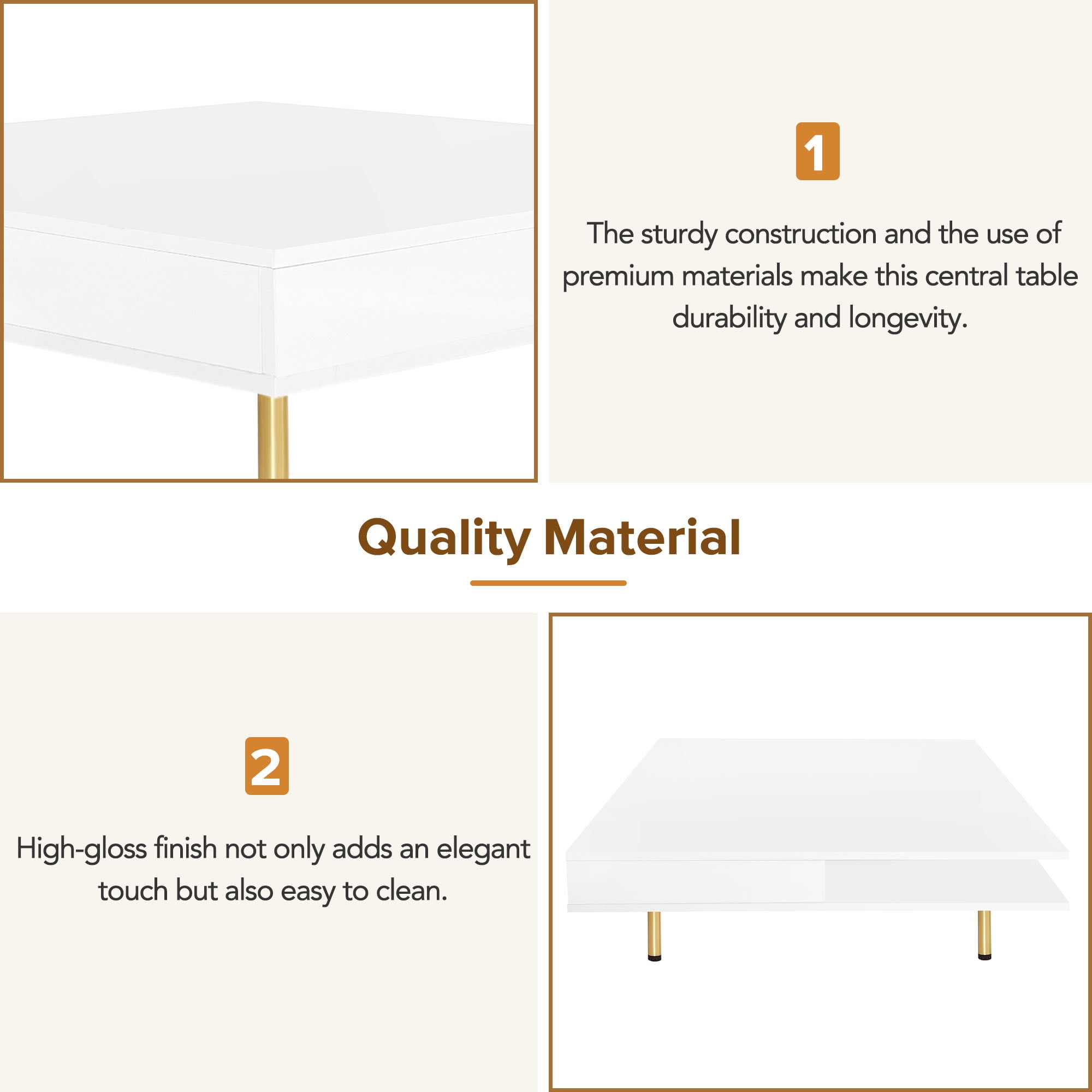 MAYEERTY High Gloss White Coffee Table with 4 Golden Legs, 2 Small Drawers, 2-Tier Square Center Table for Living Room, Modern Storage Table with Open Shelves, Elegant Coffee Table with Storage,White