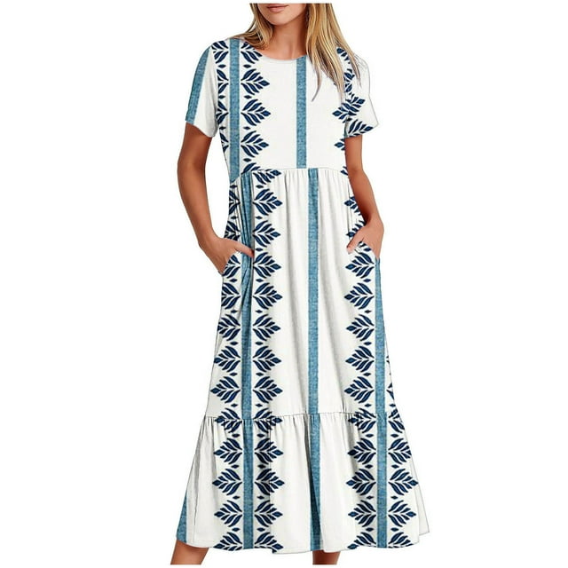 Robes pour Femmes 2024 Été Surdimensionné Manches Courtes Col Rond Ample Imprimé Couleur Longue Robe 50 % de Réduction!