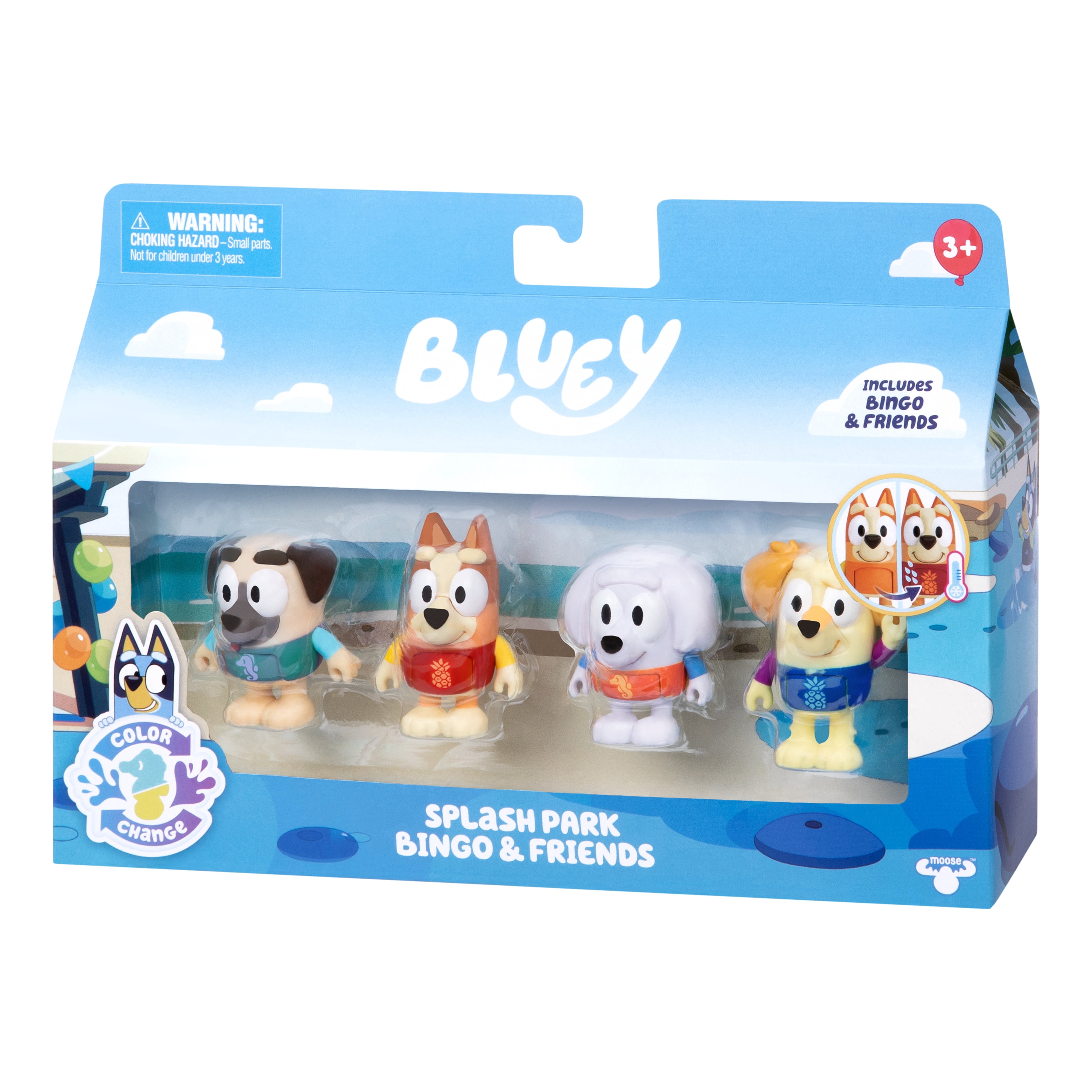 Bluey, Splash Park Bingo and Friends 4 Pack, Includes Bingo, Buddy, Chucky and Lila with Color-Change Rashies, Ages 3+