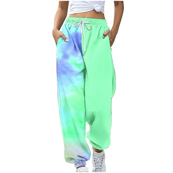 Ahdbta Womens Baggy Sweatpants Trendy Tie Dye Print Straight Leg Pants Drawstring Elastic Waist Pants with Pockets