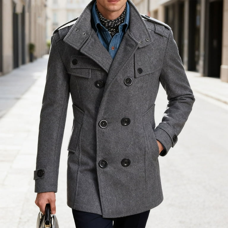 QSAWXQZ Men's Double Breasted Woolen Overcoat Long Sleeve Stand