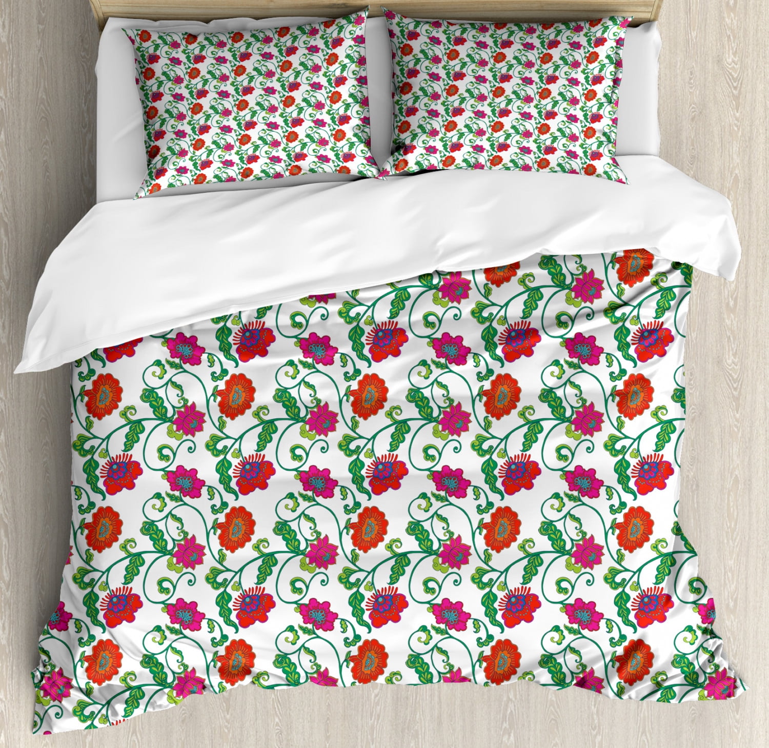 Floral Queen Size Duvet Cover Set, Romantic Blooming Spring Flowers