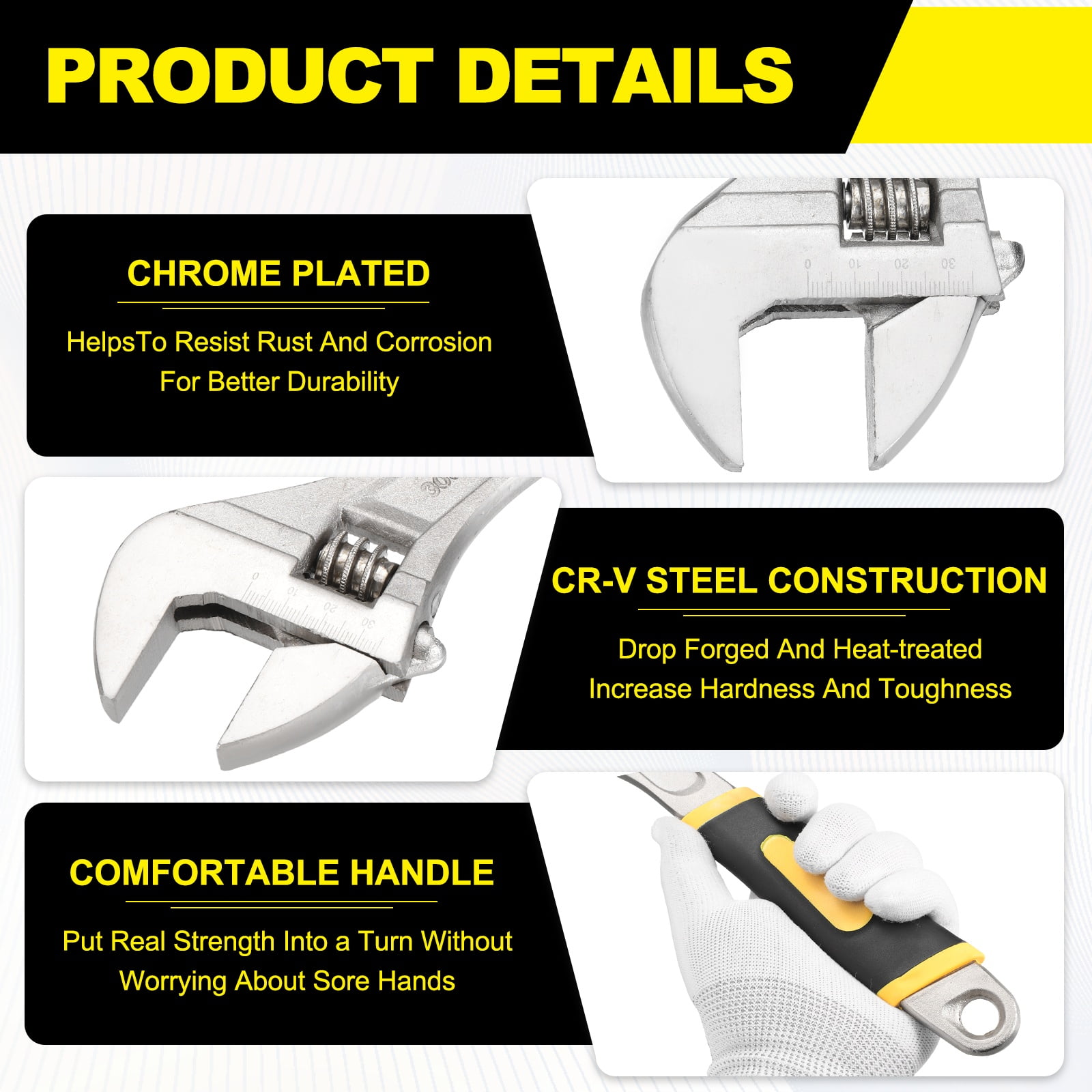 Uxcell Adjustable Wrench 12" High Carbon Steel Industrial Wide Jaw Wrench Adjustable Repairs Spanner Tool with Graduated Scale for Home Garage Workshop Plumbing, Yellow-Black