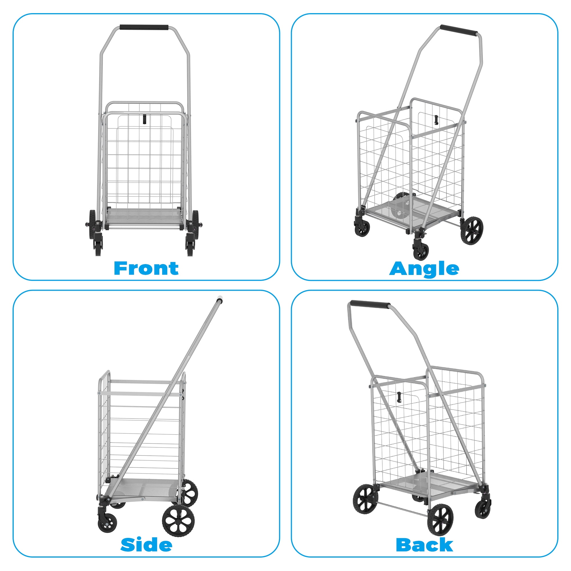 Yoneston Folding Shopping Cart with Wheels, 200 LBS Heavy Duty Grocery Cart, Collapsible Utility Cart for Laundry, Groceries, Travel, Grey