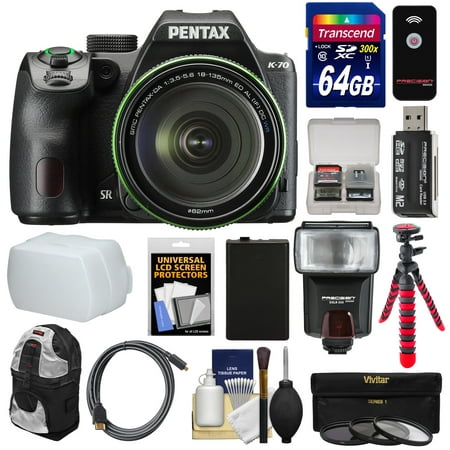 Pentax K-70 All Weather Wi-Fi Digital SLR Camera & 18-135mm WR Lens (Black) with 64GB Card + Backpack + Flash + Battery + Tripod + Filters + Remote +