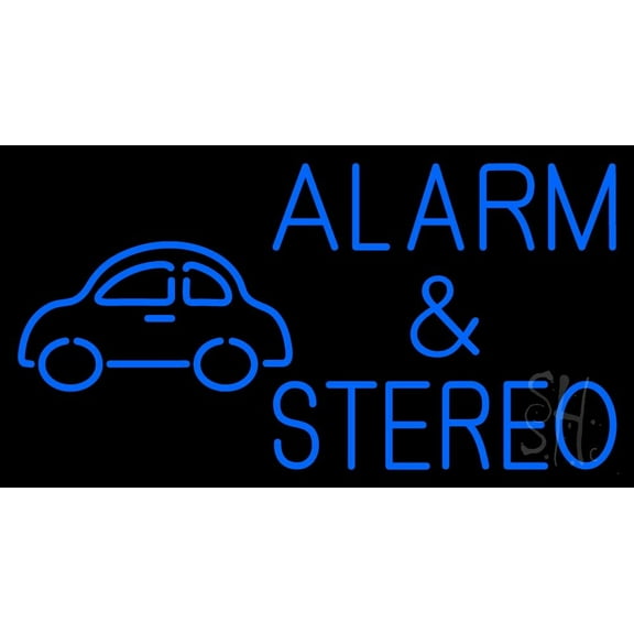 Car Logo Alarm And Stereo LED Neon Sign 20 x 37 - inches, Clear Edge Cut Acrylic Backing, with Dimmer - Bright and Premium built indoor LED Neon Sign for Computer & Electronics store decor.
