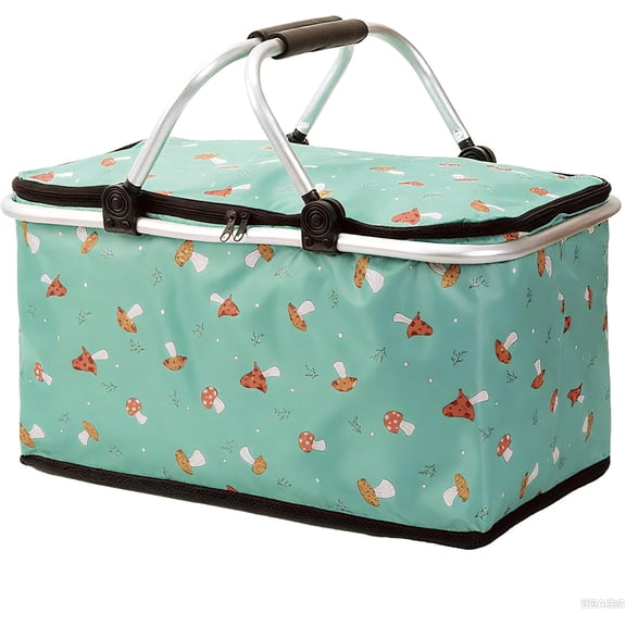 Insulated Picnic Basket for 2, Collapsible Shopping Baskets with 29L Large Market Basket with Handles, Folding Grocery Basket for Picnic Travel Food Delivery Market Shopping Bright Green