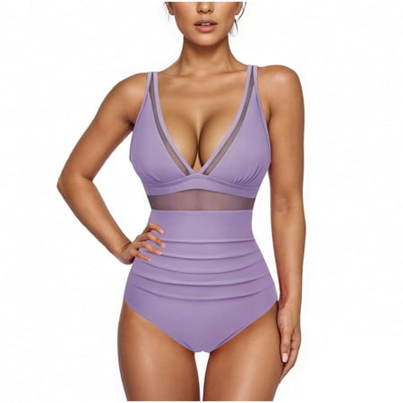 GSPCLAM Women s Sexy Solid Color Tops Backless Lace Mesh Swimwear with Bra Pads V-Neck Summer Breathable Fashionable Tops Tops Purple XXL