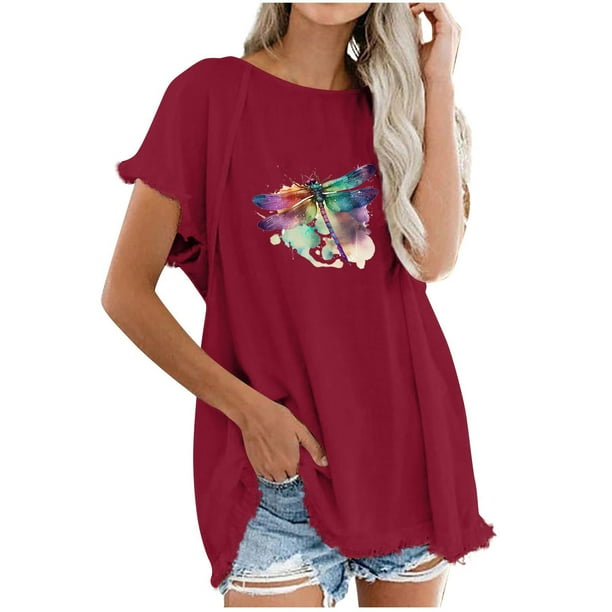 Camiseta informal para mujer, blusa estampada con cuello redondo y manga corta, Tops OAVQHLG3B Store lin121212