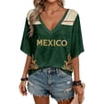 thumbnail image 2 of Mexico 2026 Soccer Cup Style V-Neck Tunic for Women, Short Sleeve Loose Fit Top with Gold Letter & Flame Graphic, Lightweight Breathable Jersey, 1 PC Dark Green XXL, 2 of 5