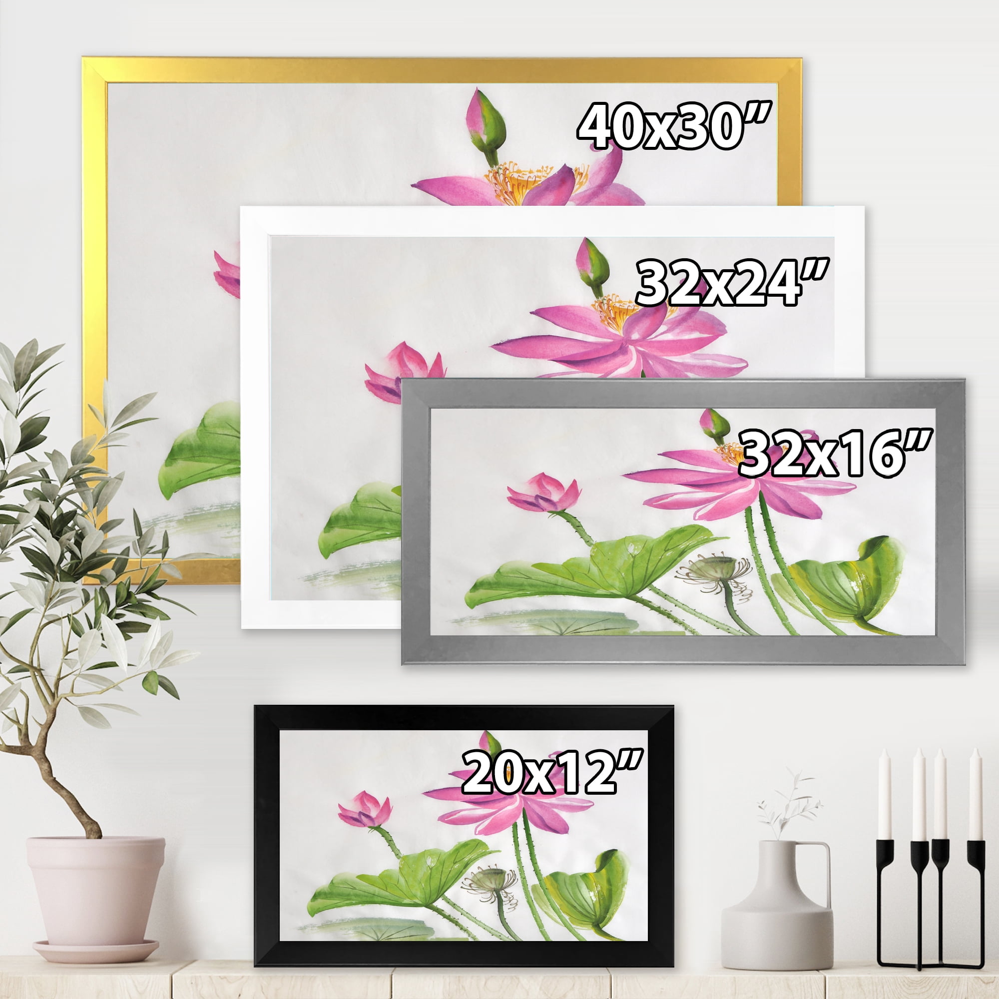 Designart 'Two Pink Lotus Flowers With Green Leaves' Traditional Framed Art Print