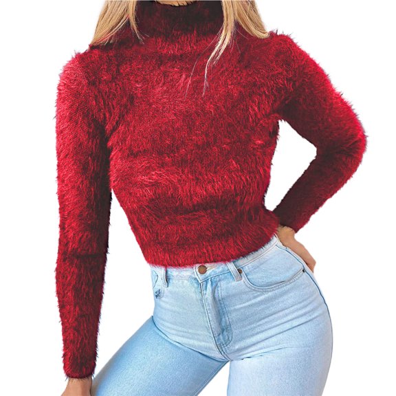 comerut Women Blouse Solid Color Keep Warm Streetwear Casual Knitted Jumper for Going Out