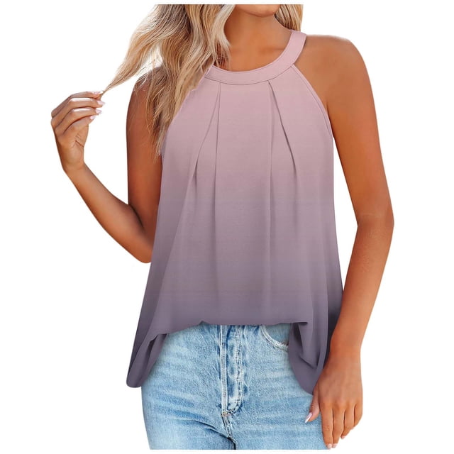 Timegard Womens Tank Tops Gradient Color Crew Neck Back Button Ruched Casual Sleeveless Tops Blouses