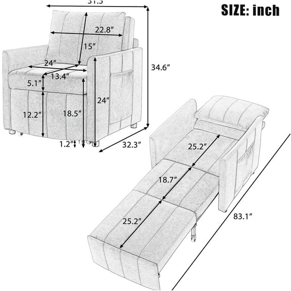 JERFIT 3-in-1 Convertible Sofa Bed, Recliner Chair with Adjustable Backrest, Pull Out Sleeper for Small Spaces, Storage Pockets, Basket, Chenille Fabric, Black