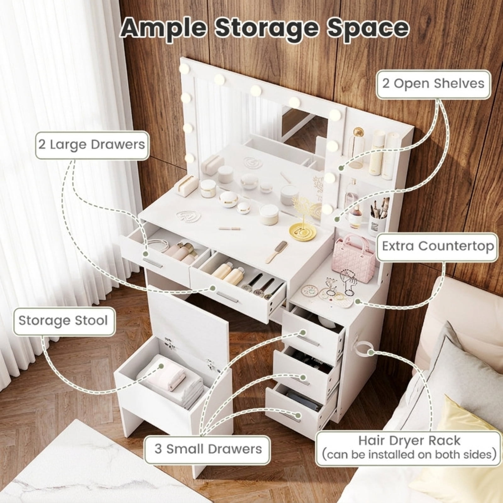 Furnibear Makeup Table and Stool Set with Hair Dryer Stand for Bedroom Makeup Dressing Room Vanity Desk Mirror Set, White