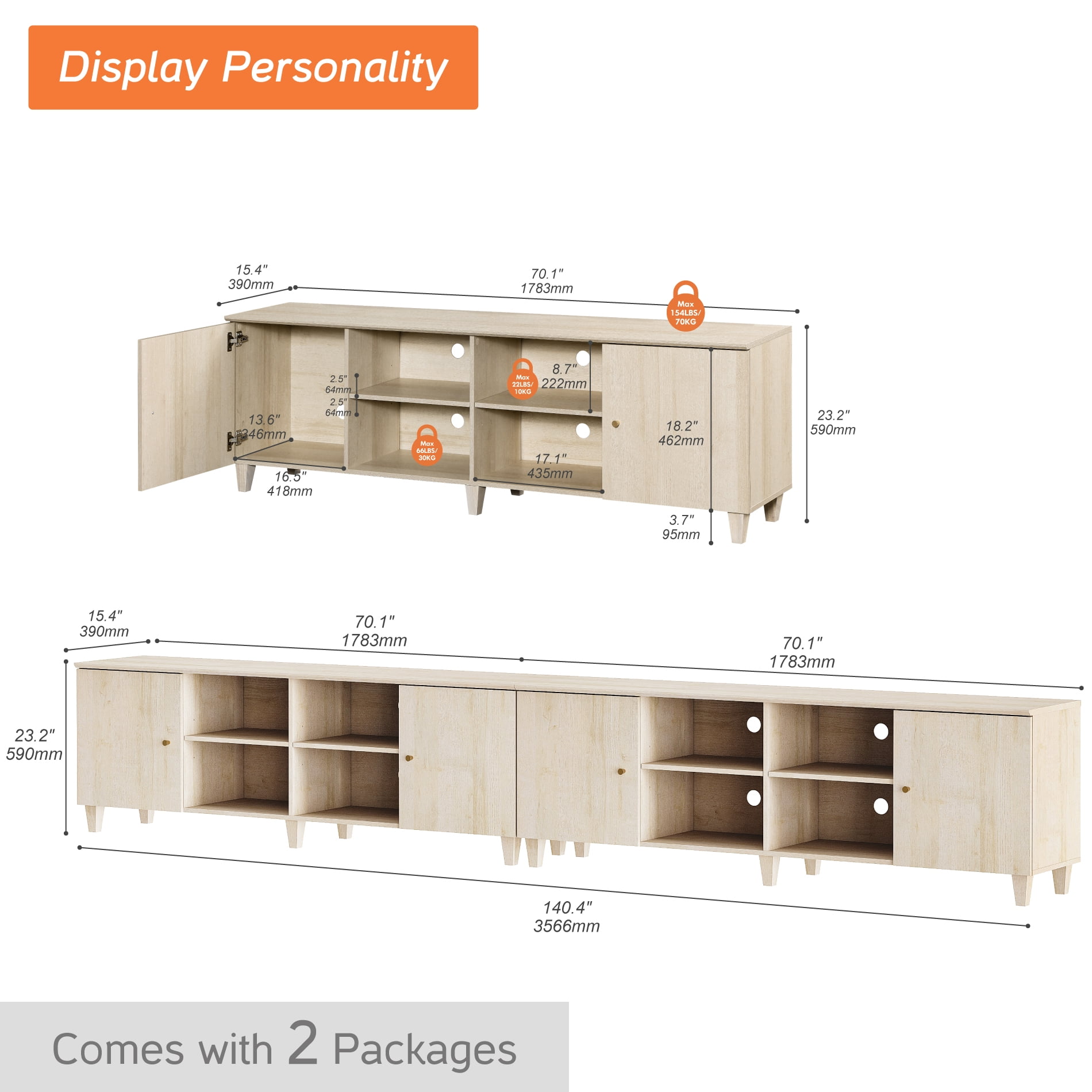 2-in-1 TV Stand Cabinets for 100+ Inches TVs, Modern Farmhouse Wood Entertainment Center with Door, Light Oak