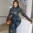 thumbnail image 4 of Women's Feathers Print Turtleneck Long Sleeve Hips Wrapped Long Dress, Slight Perspective, Sexy, 4 of 15