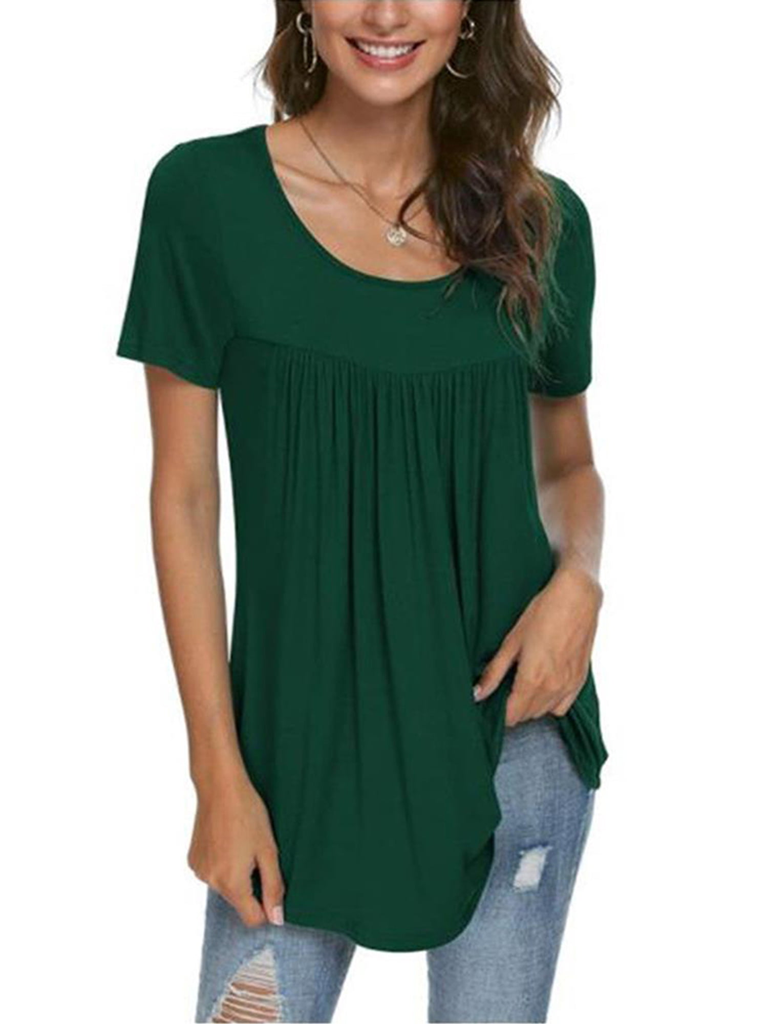 Casual Women Tops Solid Summer T-Shirt Pleated O-Neck Blouse Basic Pullover Fitting Tunic Shirts Tee 