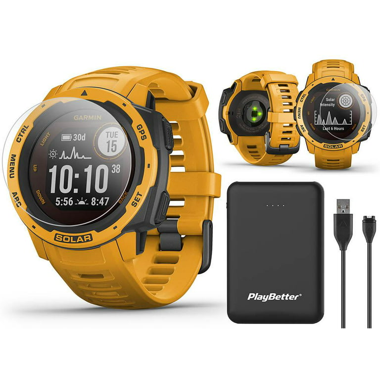Garmin Instinct Solar (Sunburst) GPS Outdoor Smartwatch Power Bundle | with  PlayBetter Power Bank Charger (Large) & HD Screen Protectors |