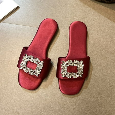 

NAYUKA Rhinestone Satin Flat Slides Square Open Toe Non Slip Slide Sandals Versatile Wedding Slippers