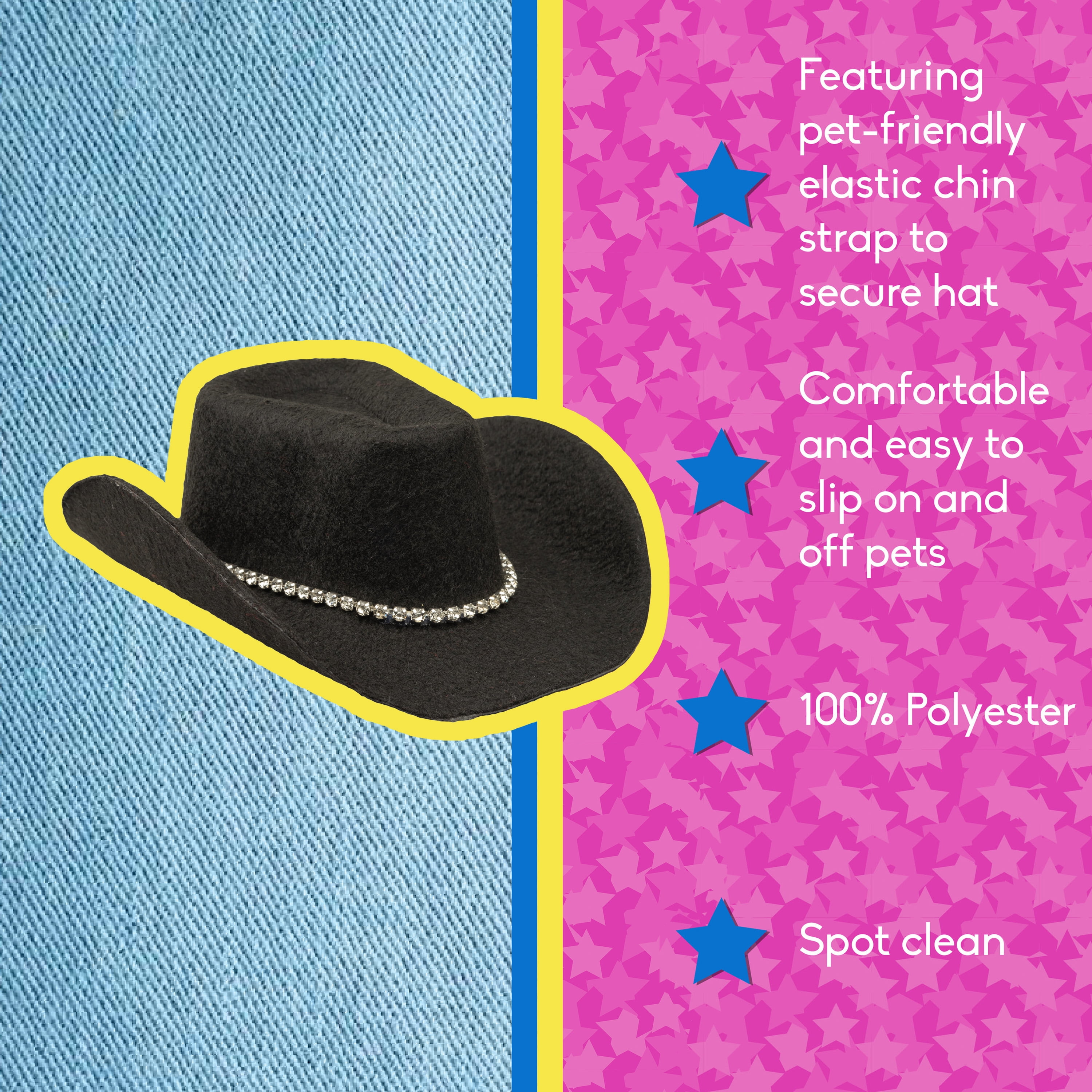 Doggy Parton, Dog Clothes, Rhinestone Trim Cowboy Pet Hat, Black, L/XL