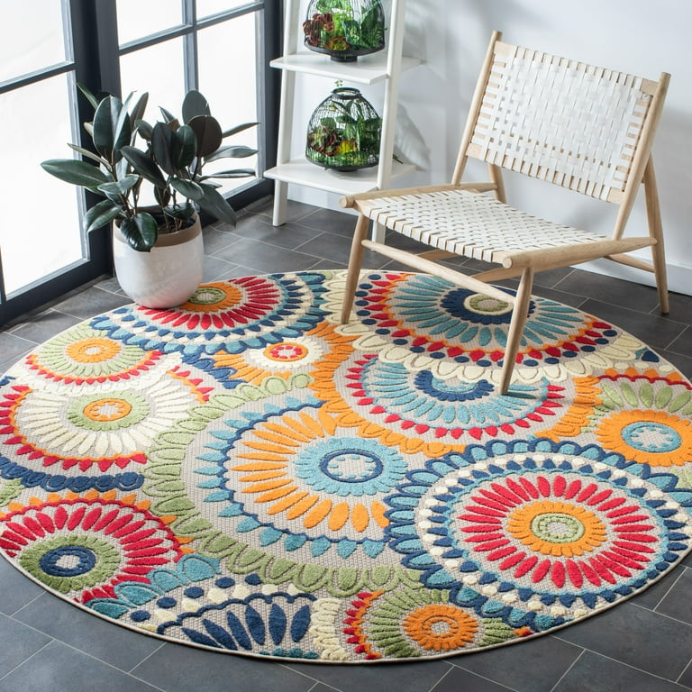 4' Round Ivory And Blue Round Floral Indoor Outdoor Area Rug 4' Round Ivory And Blue Round Floral Indoor Outdoor Area Rug