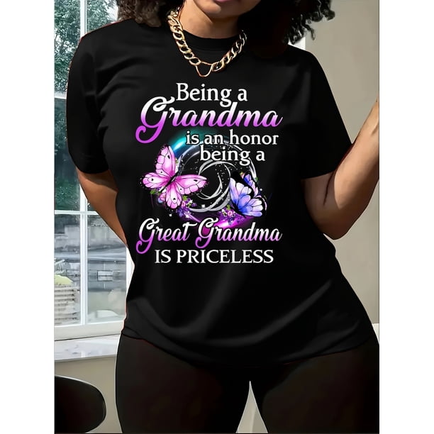 Women's Butterfly Graphic T-Shirt - "Being a Grandma is Priceless" Design, Casual Short Sleeve Crew Neck, Glossy Finish, Perfect for Spring/Summer Fashion