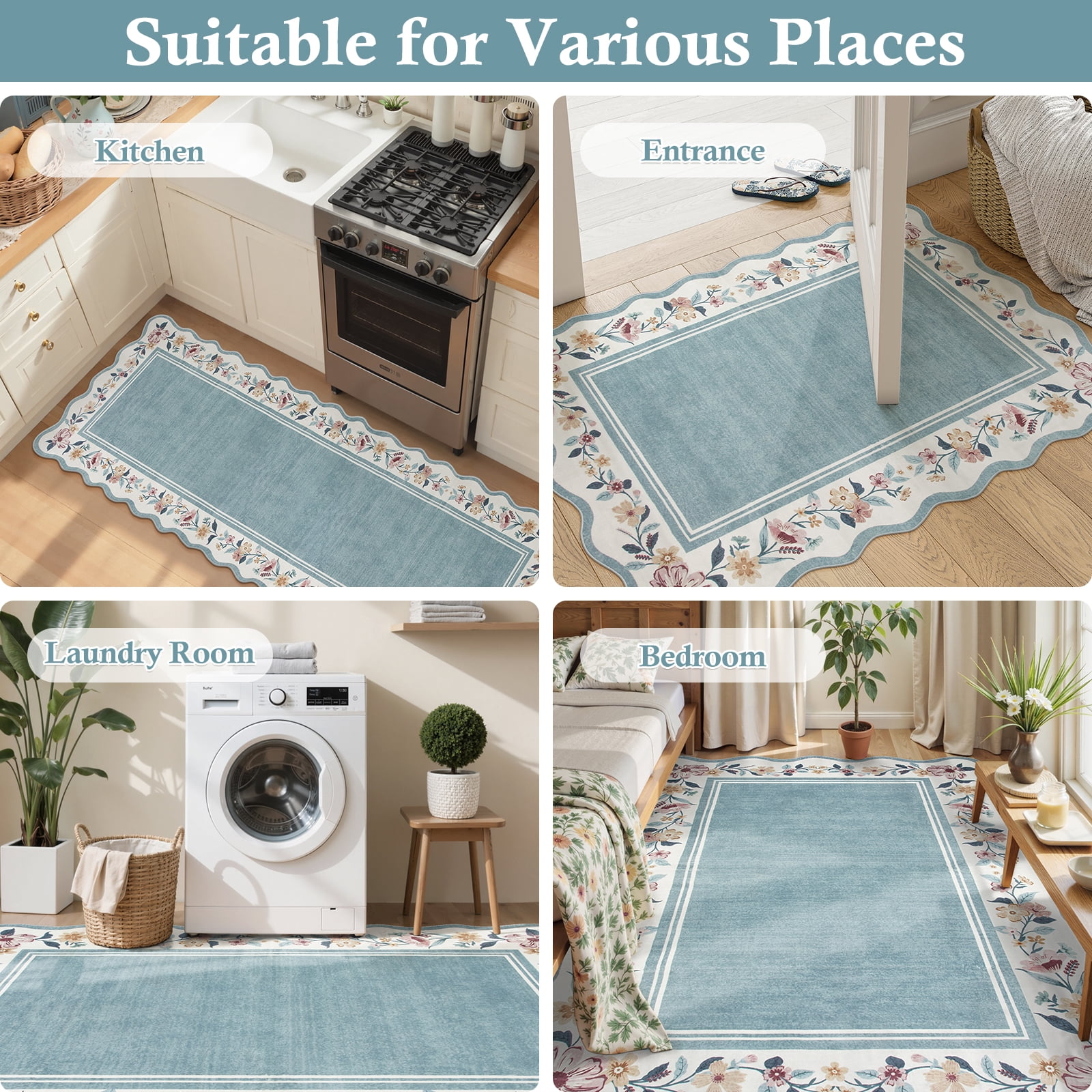 Lahome 2'x3' Boho Floral Washable Small Rug,Ultra-Thin Scalloped Rug, Non-Slip & Stain Resistant,Soft Low-Pile Mat for Kitchen, Bathroom, Bedroom Front Door Indoor Entrance (2x3ft,Blue)