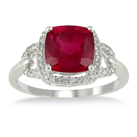SZUL Women's 3.65 Carat Cushion Cut Ruby and Diamond Ring in 10K White Gold