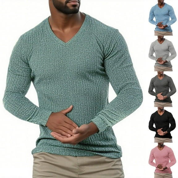 UVEASISHA Mens Long Sleeve V Neck T Shirts Soft Ribbed Knit Slim Fit Muscle Tees Gym Workout Bodybuilding Training Tee Shirt Casual Hipster Tops Black XXL