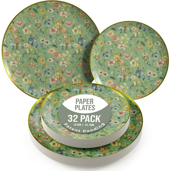 Heavy Duty Paper Plates Set For 16 Guests - 16 Each Of 8-inch And 10-inch Disposable Plates For Party - Fancy 32 Piece Dinnerware Set For All Occasions | Floral Design, Bouyant