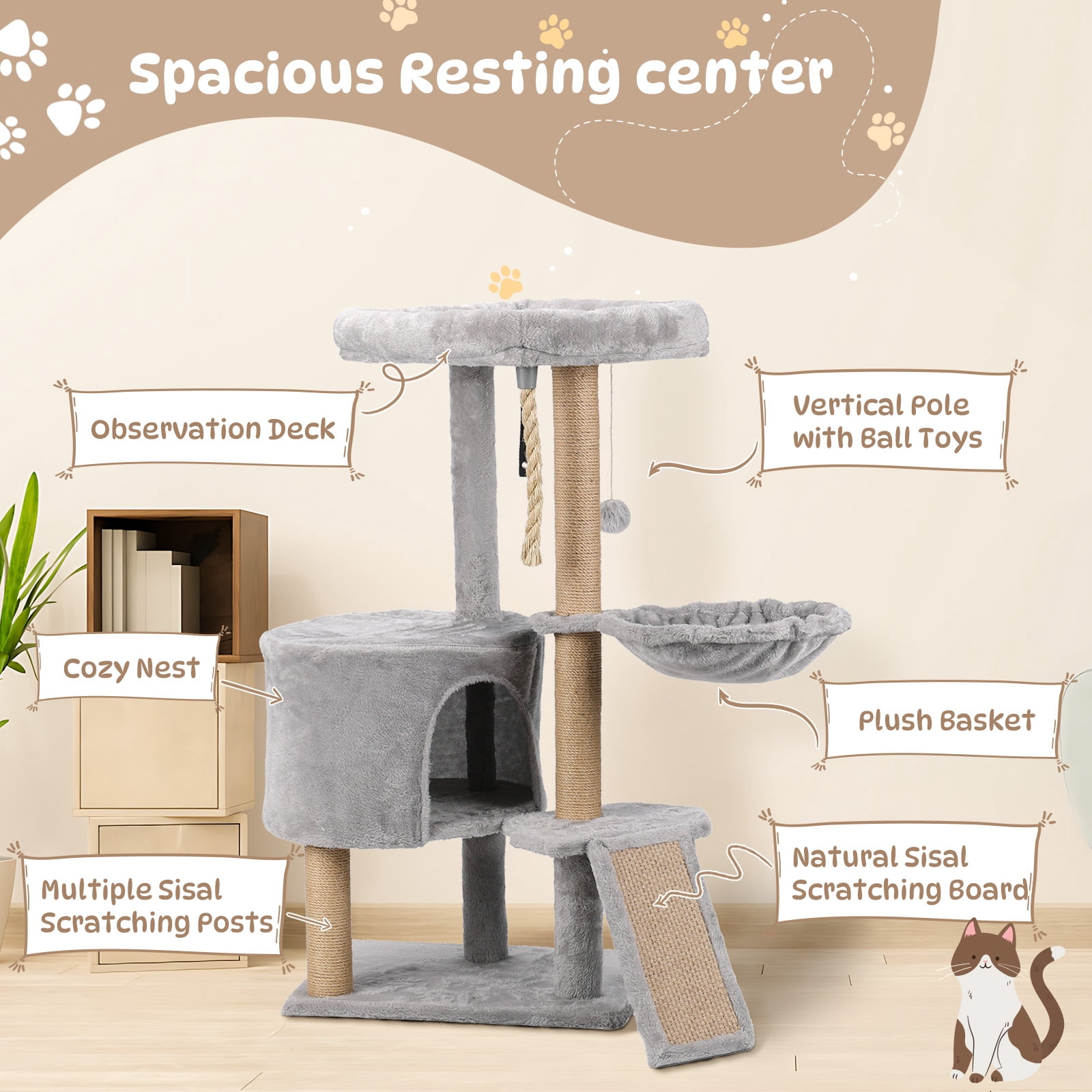 Zephypaws Cat Tree, 42.5-Inches Cat Tower for Indoor Cats, Plush Multi-Level Kitten Cat Condo with Scratching Post,Ramp, Basket, Spacious Cat Cave, Hanging Ball, Light Gray