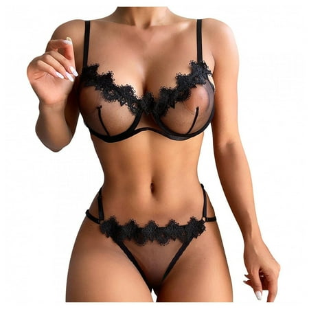 

DNDKILG Women s Eyelash Lingerie Set See Through 2 Piece Teddy Lace Bodysuit Low Rise Black S
