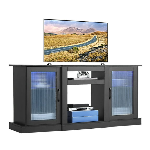 VEVOR TV Stand for TVs up to 65 inch, Modern Entertainment Center with Light Strip, Wooden TV Cabinet Storage with Glass Doors and Adjustable Shelves,Console Table for Living Room and Bedroom,Black