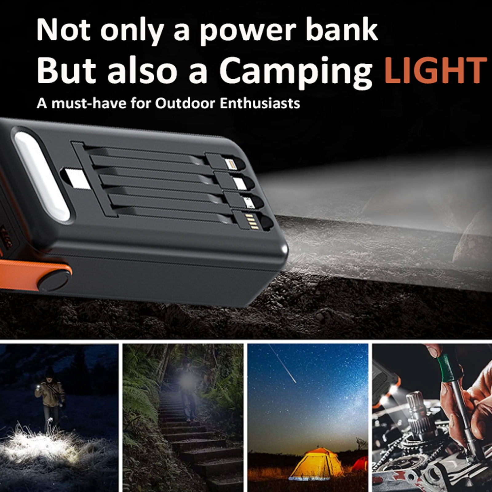 RONY 60000mAh Solar Power Bank with 4 Built-in Cables: 7 Ports Solar Charger with Flashlight for Camping Hiking Emergency