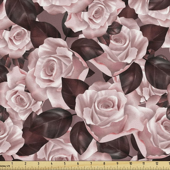 Ambesonne Floral Fabric by the Yard Upholstery, Romance Painting Roses Print, 1 Yard, Dark Maroon Pale Pink